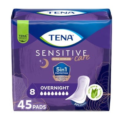 Tena Sensitive Care Extra Coverage Overnight Bladder Control Pads, Overnight 45 Count