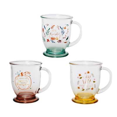Fall Print Glass Mug, Assorted