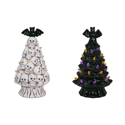 Halloween Skull and Bat Ceramic Tree, 7.5 in, Assorted Colors