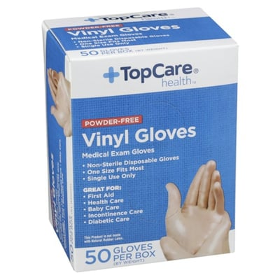 TopCare Powder‑Free Vinyl Medical Exam Gloves, One Size Fits Most, 50 ct