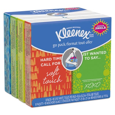 Kleenex On The Go Packs Facial Tissues, 3-Ply, White, 10 Sheets/pouch, 8 Pouches/pack, 12 Packs/carton