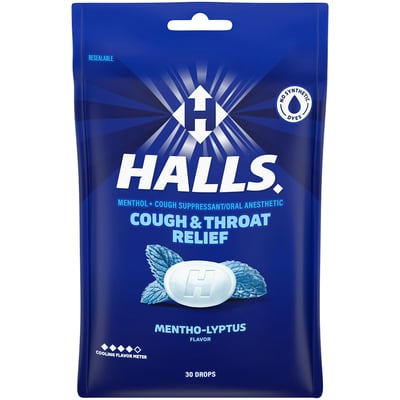 Halls Cough & Throat Relief Mentho-Lyptus Flavor Menthol Drops, 30 Count