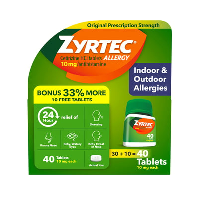 Zyrtec 24HR Indoor & Outdoor Allergy, 10mg Tablet, 30ct
