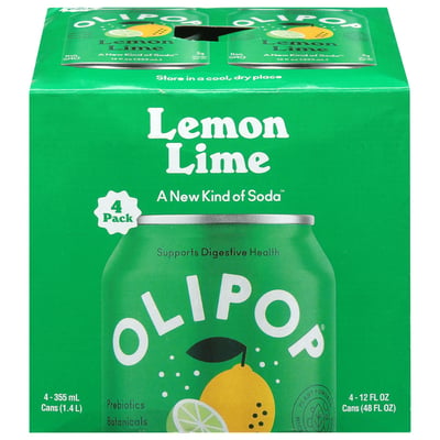 OLIPOP Lemon Lime Prebiotic Soda, 12 fl oz Cans, 4 Pack