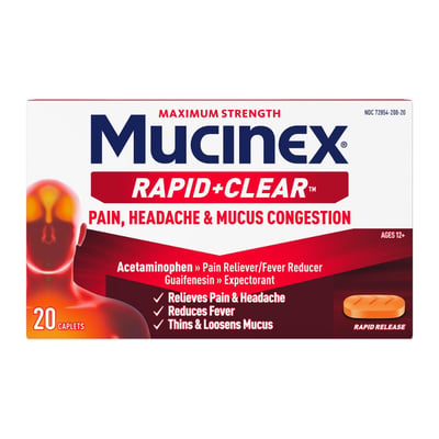 Mucinex Rapid Clear Pain Headache & Mucus Relief, Caplets, 20 Count