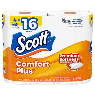 Scott Comfort Plus Bathroom Tissue, Unscented, Mega Rolls, 4 Count