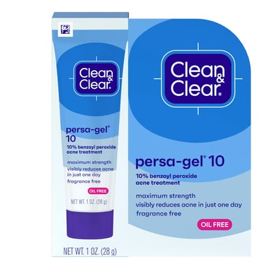 Clean & Clear Persa-Gel 10 Oil-Free Acne Spot Treatment With Maximum Strength 10% Benzoyl Peroxide, Topical Pimple Cream Gel Medication For Face, Fragrance-Free, 1 Fl. Oz