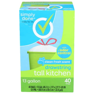 Simply Done Drawstring Tall Kitchen Trash Bags Clean Fresh Scent 13 gal 40 ct