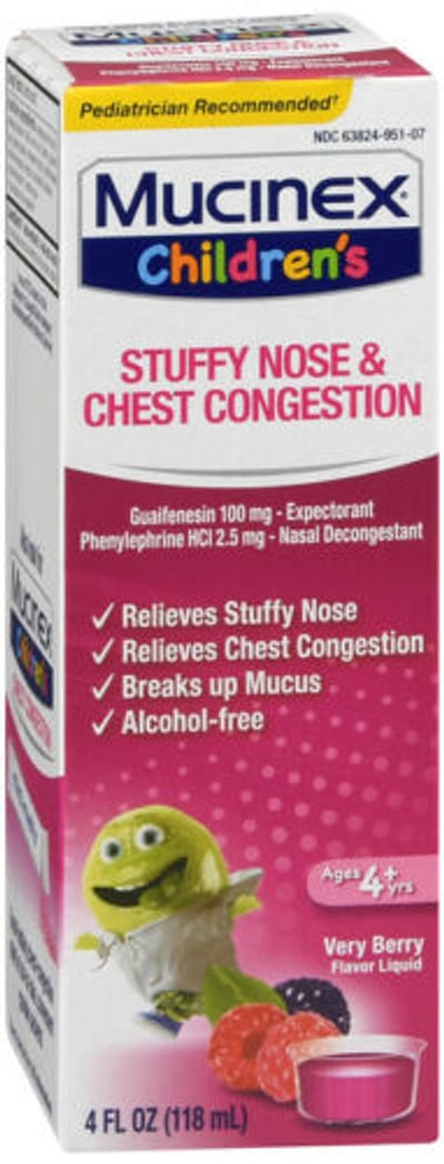 Mucinex Stuffy Nose & Chest Congestion, Liquid, Children's, Very Berry Flavor 4 Fl Oz