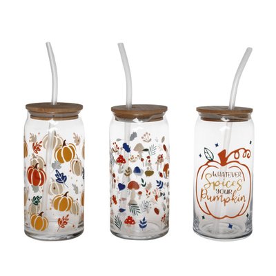 Harvest Glass Cup with Lid and Straw, Assorted