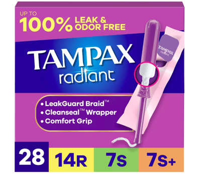Tampax Radiant Tampons, Unscented, Regular/Super/Super Plus Absorbency, 28 Count