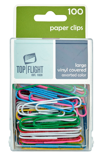 Top Flight Vinyl Covered Assorted Color Large Paper Clips 100 Count