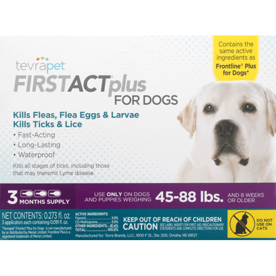TevraPet FirstAct Plus Flea and Tick Treatment for Dogs 45-88 lbs, 3 Doses