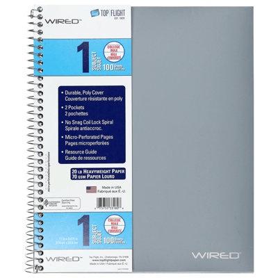 Top Flight Wired 100 Sheets College Ruled Subject Notebook