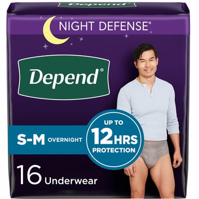 Depend Adult Incontinence Disposable Underwear For Men Night Defense Small/Medium Overnight 16 Count