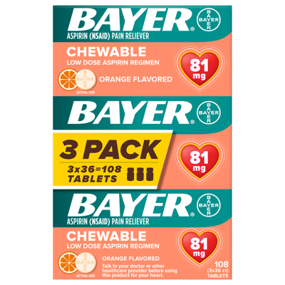 Bayer Low Dose Aspirin 81mg Chewable Tablets Orange 108 Count (3pks of 36)