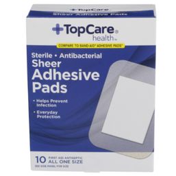 TopCare Antibacterial First Aid Antiseptic All One Size Adhesive Pads, Sheer
