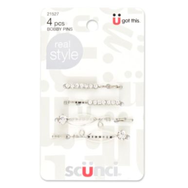 Scunci Real Style Fashion Bobby Pins With Rhinestones & Swirl Detail Silver