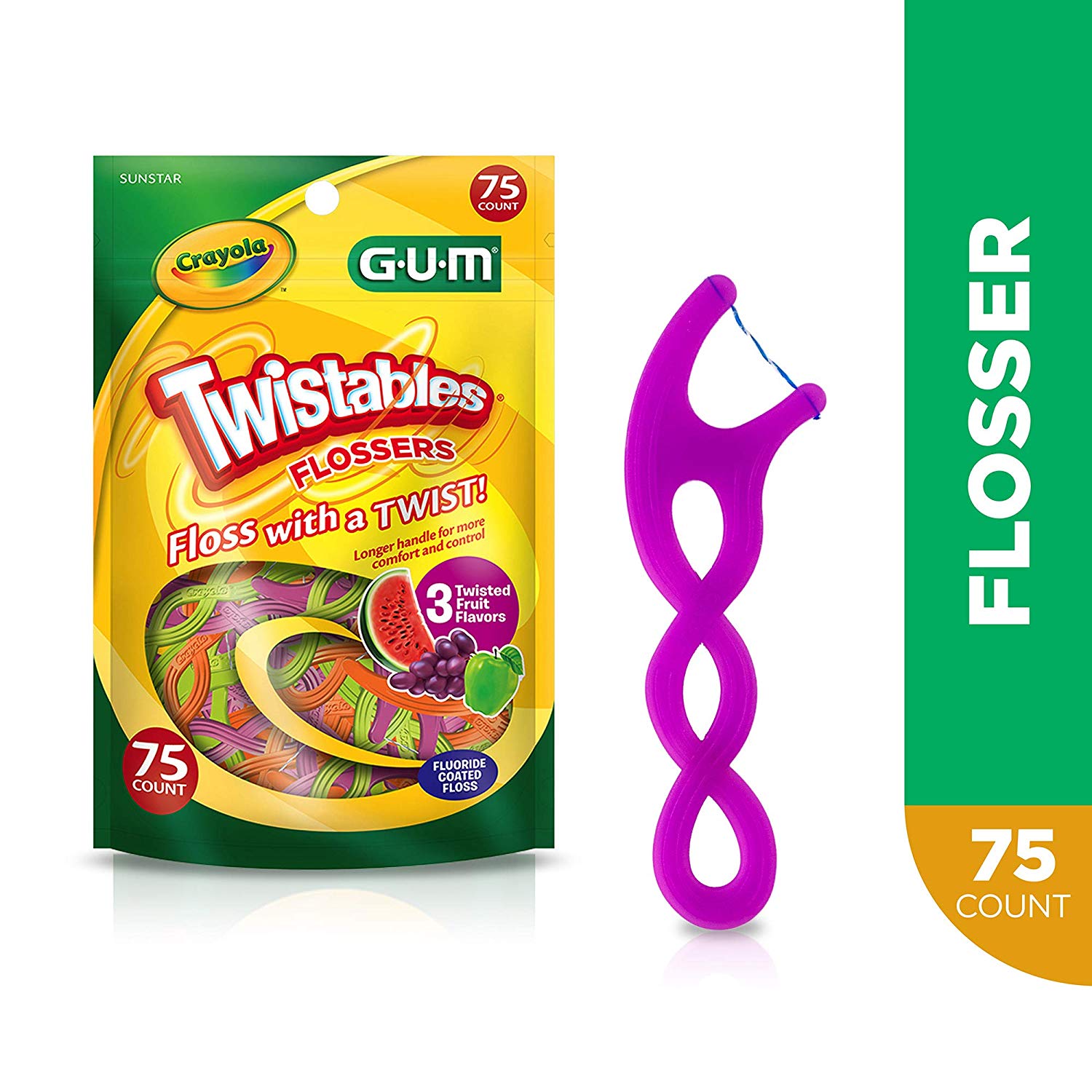 GUM 857R Crayola Twistables Flossers, Fluoride Coated, Twisted Fruit Flavors, Ages 3