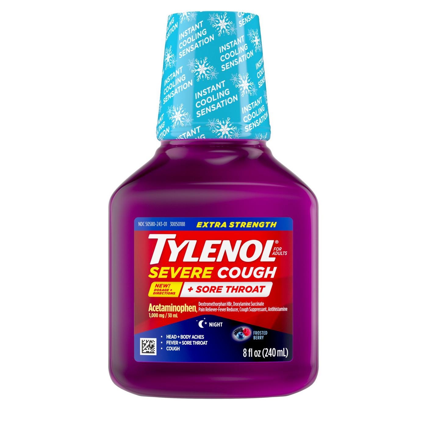 Tylenol Severe Cough + Sore Throat, Extra Strength, Frosted Berry, Night, For Adults 8 Fl Oz