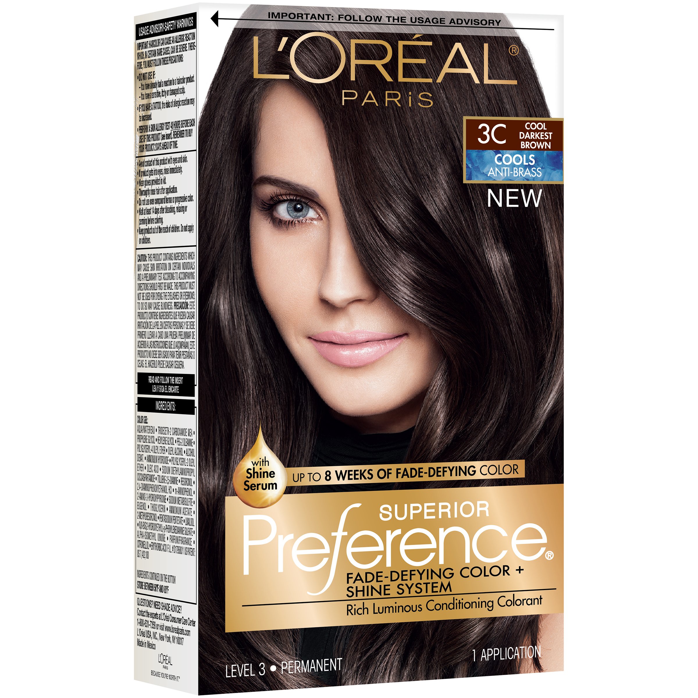 Superior Preference L'Oreal Paris Fade-Defying Shine Permanent Hair Color, 3C Cool Darkest Brown, 1 Kit