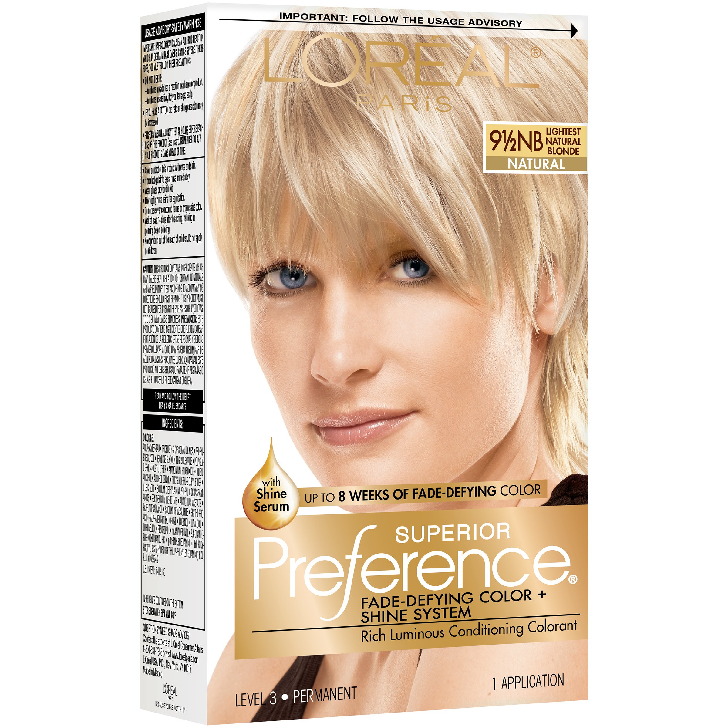 Superior Preference L'Oreal Paris Fade-Defying Shine Permanent Hair Color, 9.5NB Lightest Natural Blonde, 1 Kit