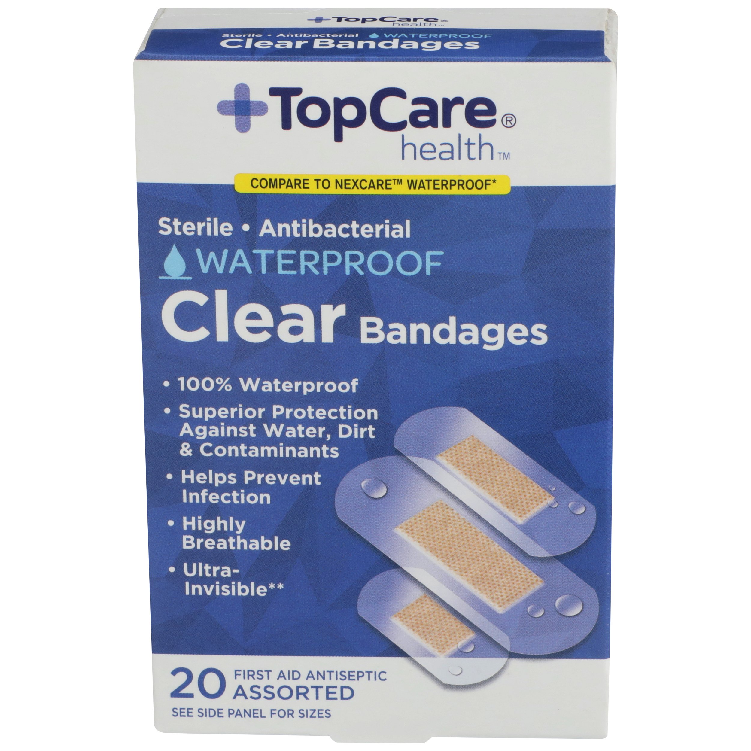 TopCare Health Sterile Antibacterial Waterproof Clear Bandages, 20 ct
