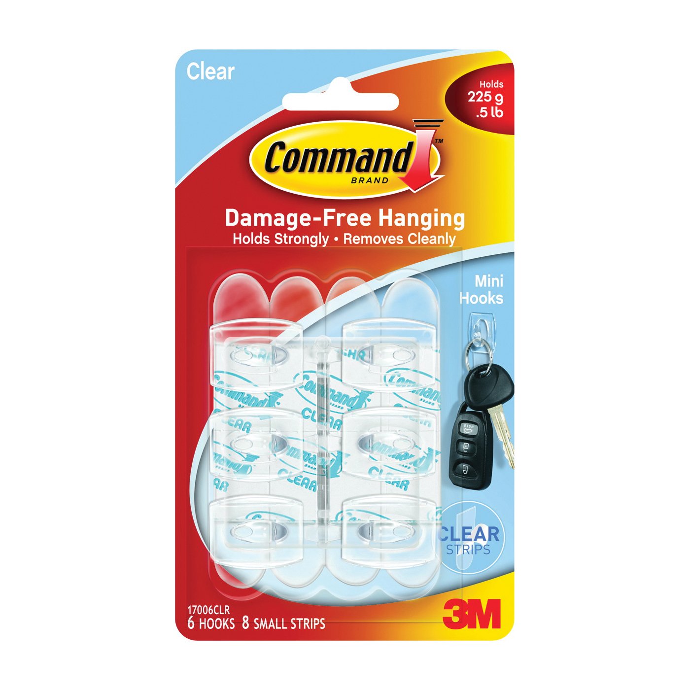 Command Clear Hooks And Strips Mini, Plastic, 0.5 Lb Capacity, 6 8 Strips/Pack