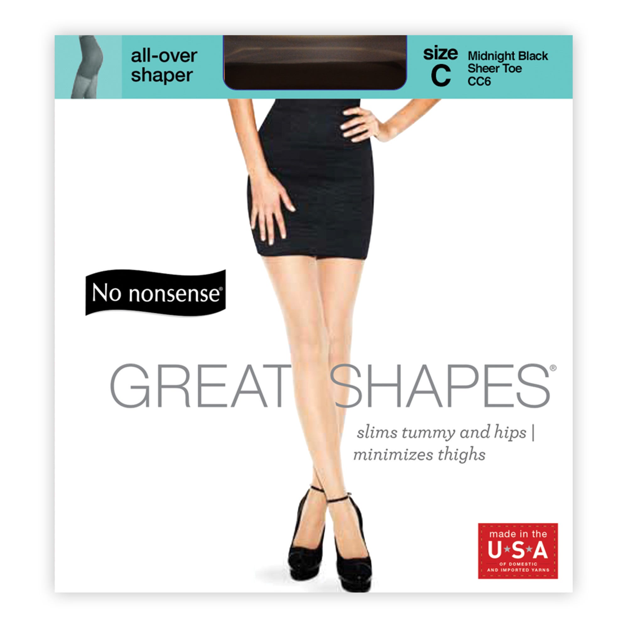 No nonsense Great Shapes Pantyhose, Body-Shaping, All-Over Shaper, Sheer Toe, Size C, Midnight Black