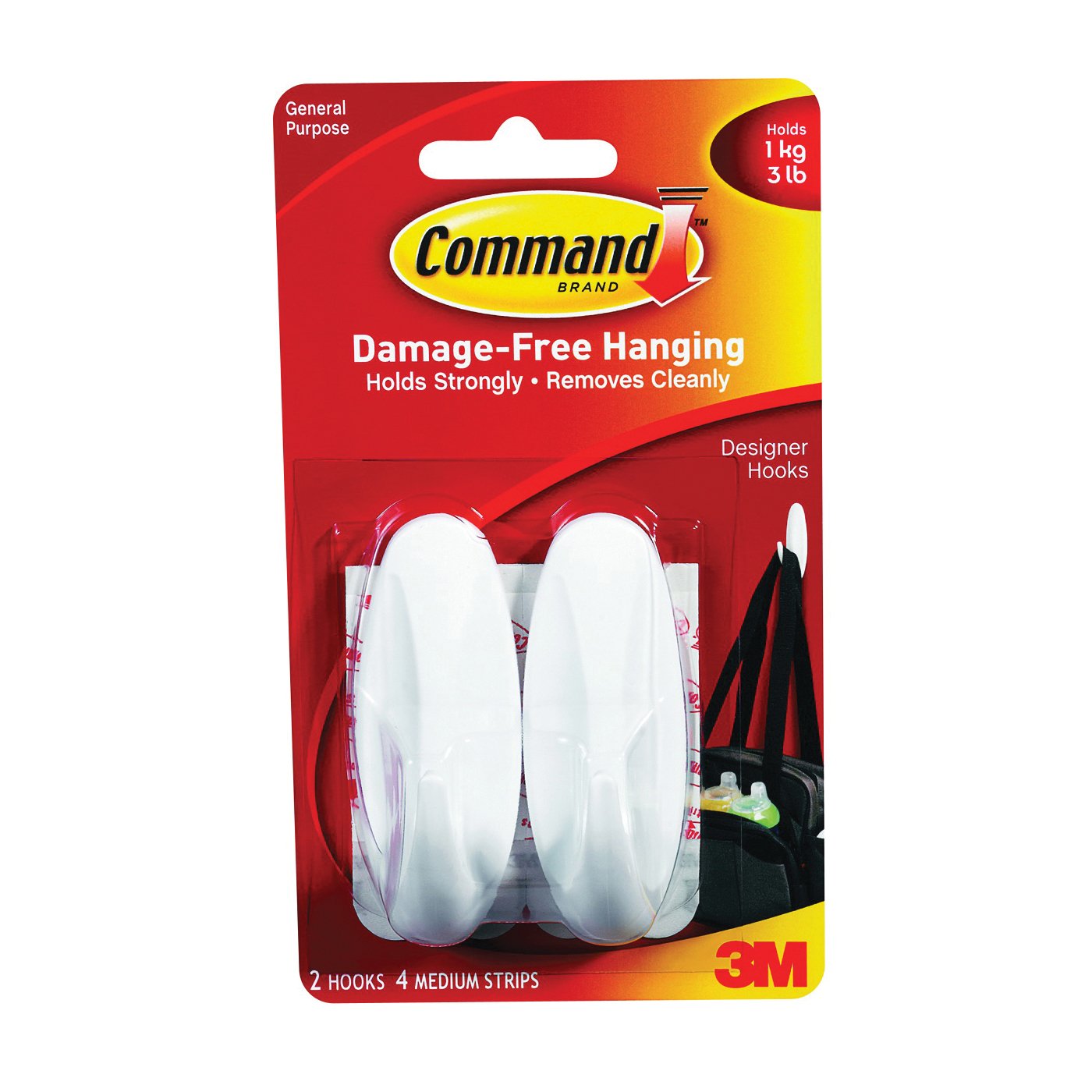 Command Designer Hooks General Purpose Medium, Plastic, White, 3 Lb Capacity, 2 And 4 Strips/Pack