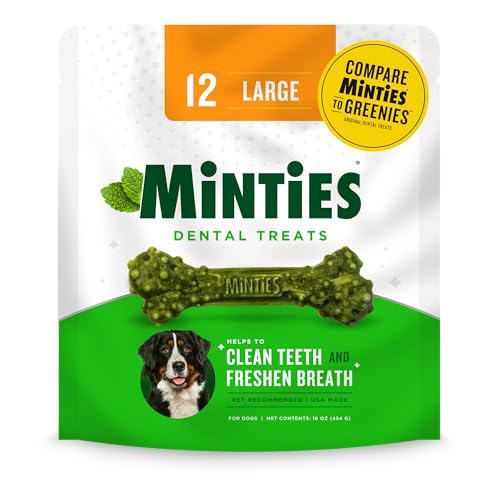 Minties Dental Bone Treats Chews For Large Dogs Over 50 Lbs 12 Count 16 Oz Shelf-Stable