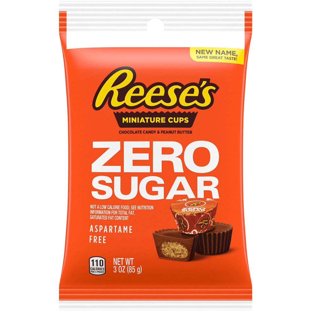 Reese's Zero Sugar Miniatures Chocolate Peanut Butter, Aspartame Free, Individually Wrapped Cups Candy Bag, 3 Oz