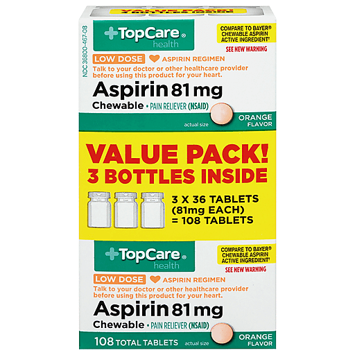 TopCare Low Dose Aspirin Chewable Tablets 81 mg, Orange Flavor, 108 ct