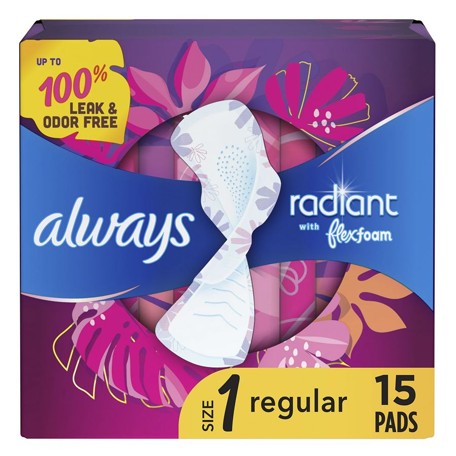 Always Radiant Pads, Size 1, Regular, With Wings, 15 Ct