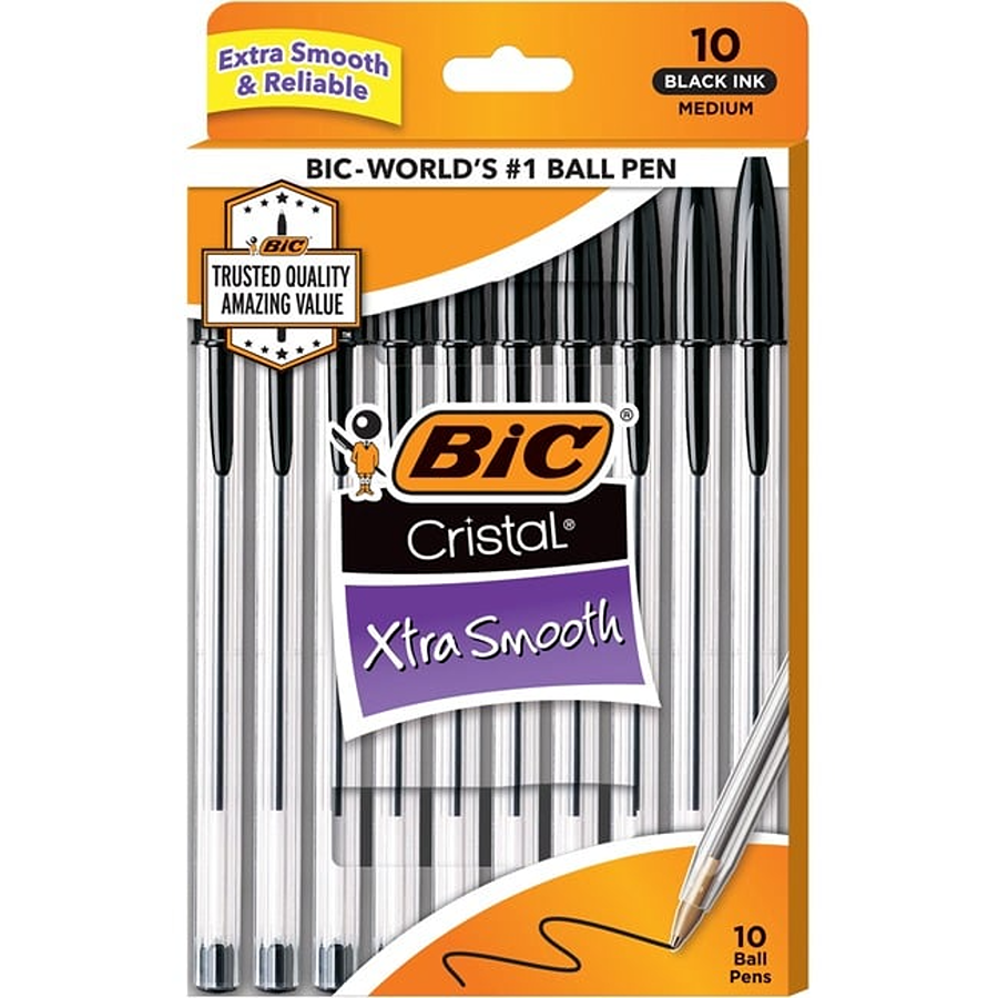 BiC Cristal Ball Pen, Black Ink, Medium, Xtra Smooth