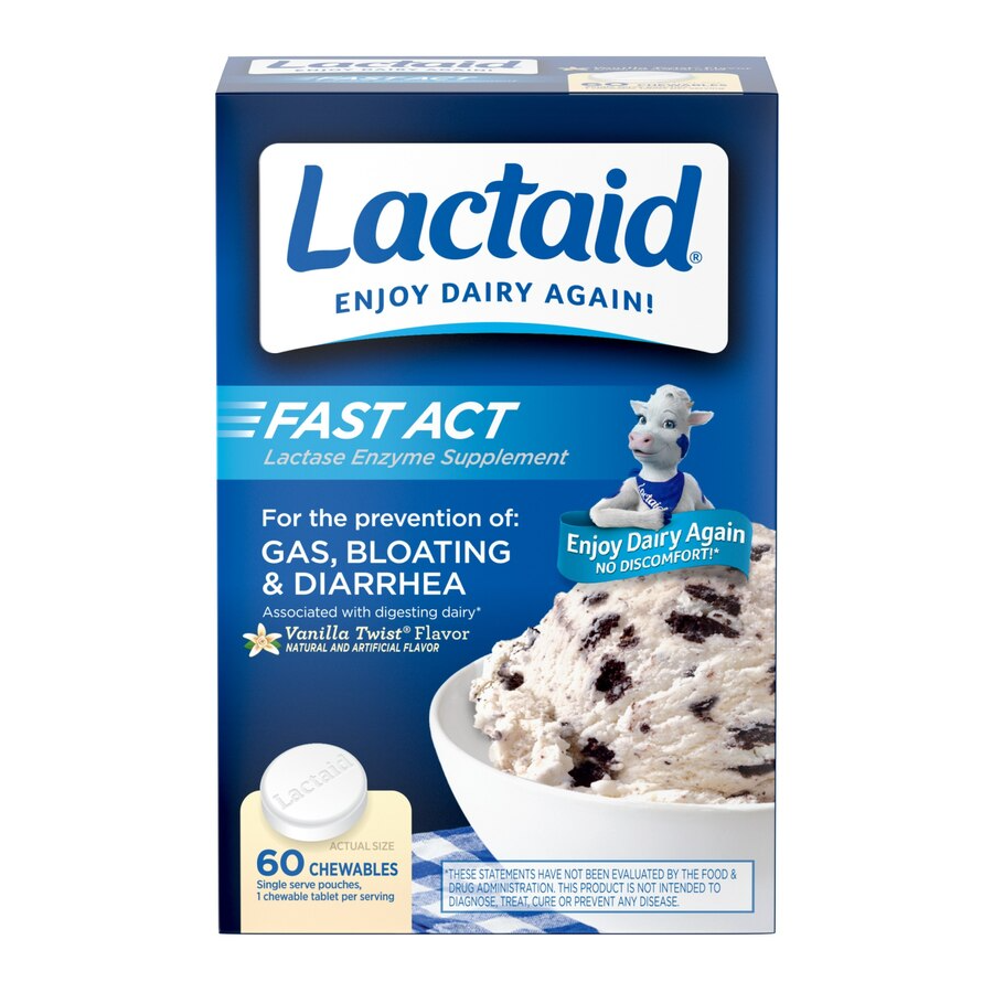 Lactaid Chewable Tablets Fast Act Vanilla Twist Flavor Lactase Enzyme Supplement 60