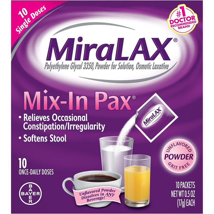 MiraLAX Mix-In Pax, Single Dose Laxative Powder Packets, 10 Count