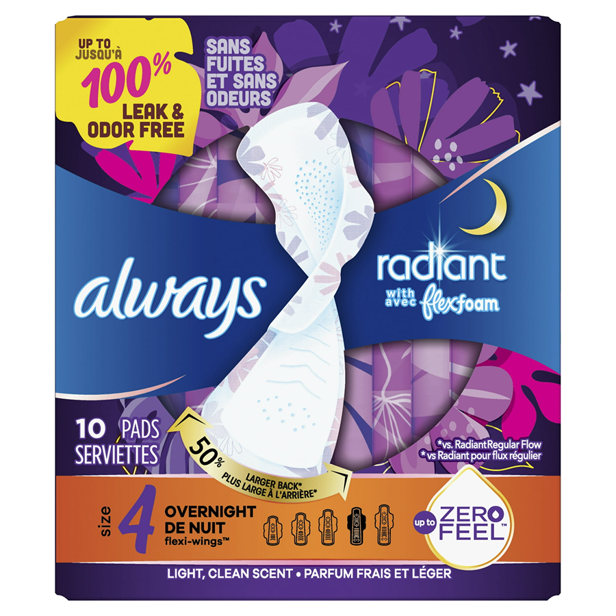 Always Radiant With Flex Foam Pads, Size 4, Overnight, Wings, 10 Ct