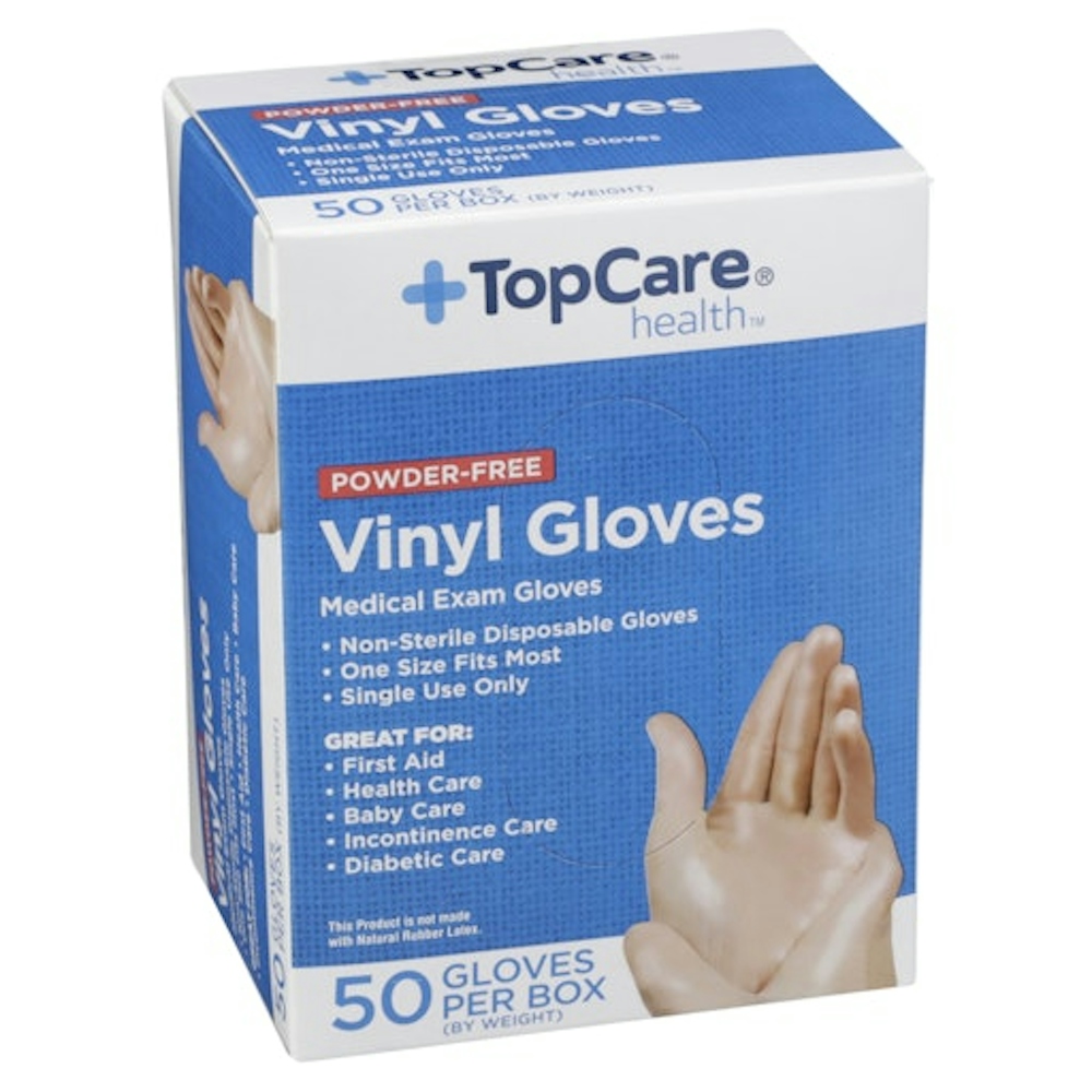 TopCare Powder‑Free Vinyl Medical Exam Gloves, One Size Fits Most, 50 ct