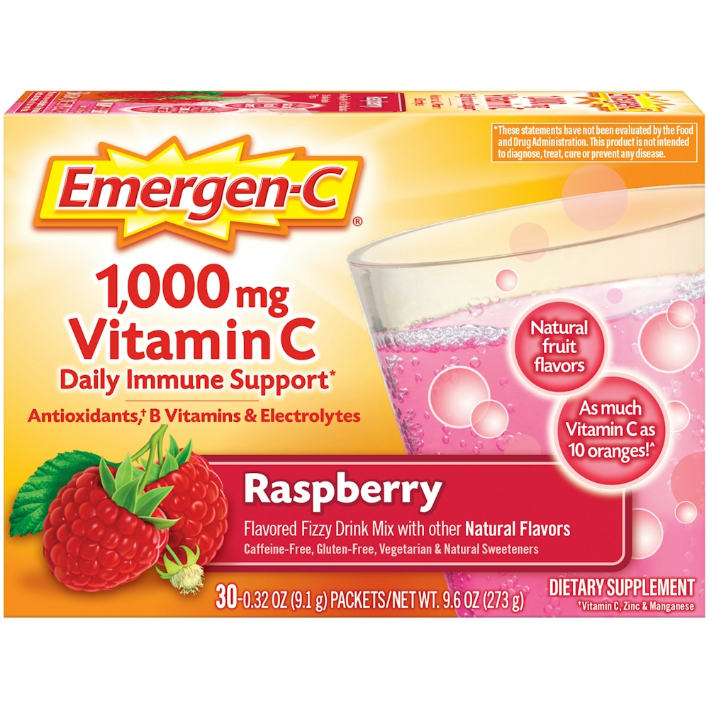 Emergen-C Vitamin Fizzy Drink Mix 1000 Mg, Raspberry Supplement - 30 Packets/Pack