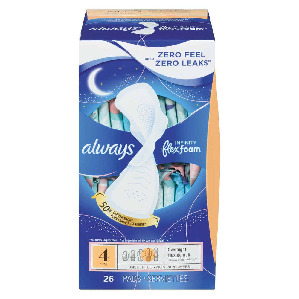 Always Infinity Pads, Size 4, Overnight, With Wings, 26 Ct
