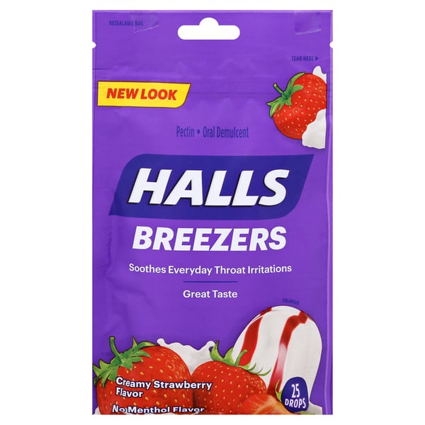 Halls Drops, Creamy Strawberry Flavor, Throat Soothing