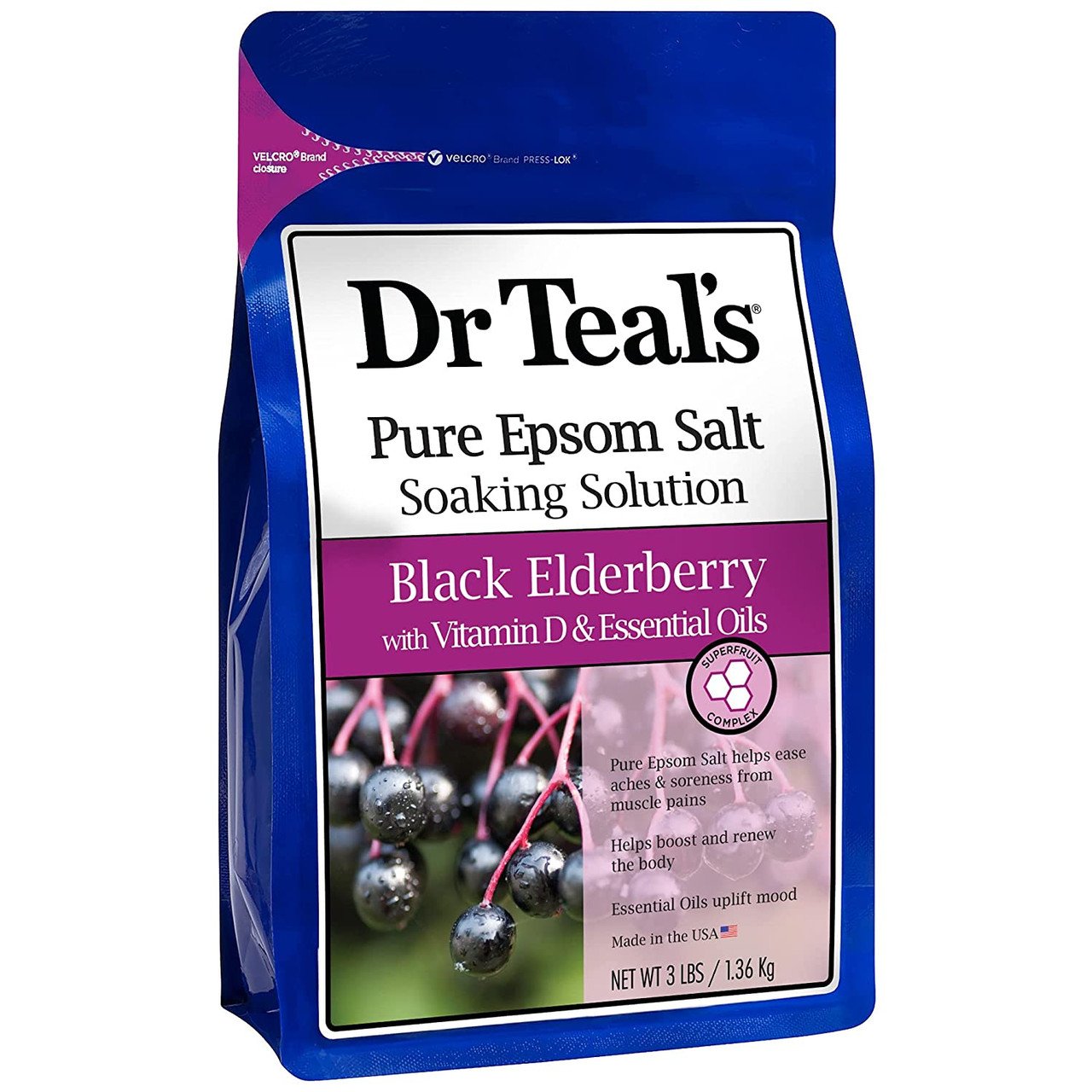 Dr Teal's Pure Epsom Salt Soak, Black Elderberry With Vitamin D, 3 Lbs