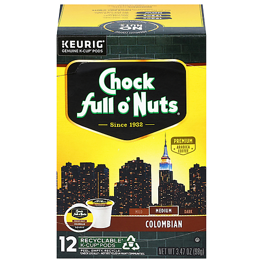 Chock Full O'Nuts Coffee, Medium Roast, Colombian, K Cup Pods
