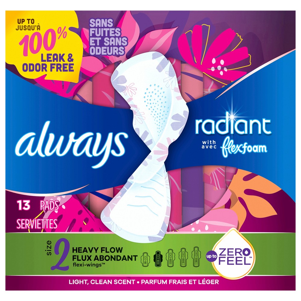 Always Radiant Pads, Heavy Flow Absorbency, Scented, Size 2