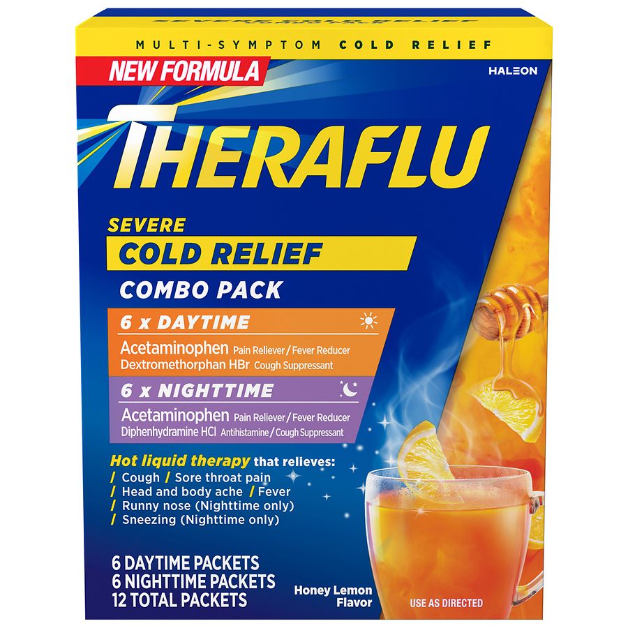 Theraflu Cold Relief, Severe, Daytime/Nighttime, Honey Lemon Flavor, Packets, Combo Pack