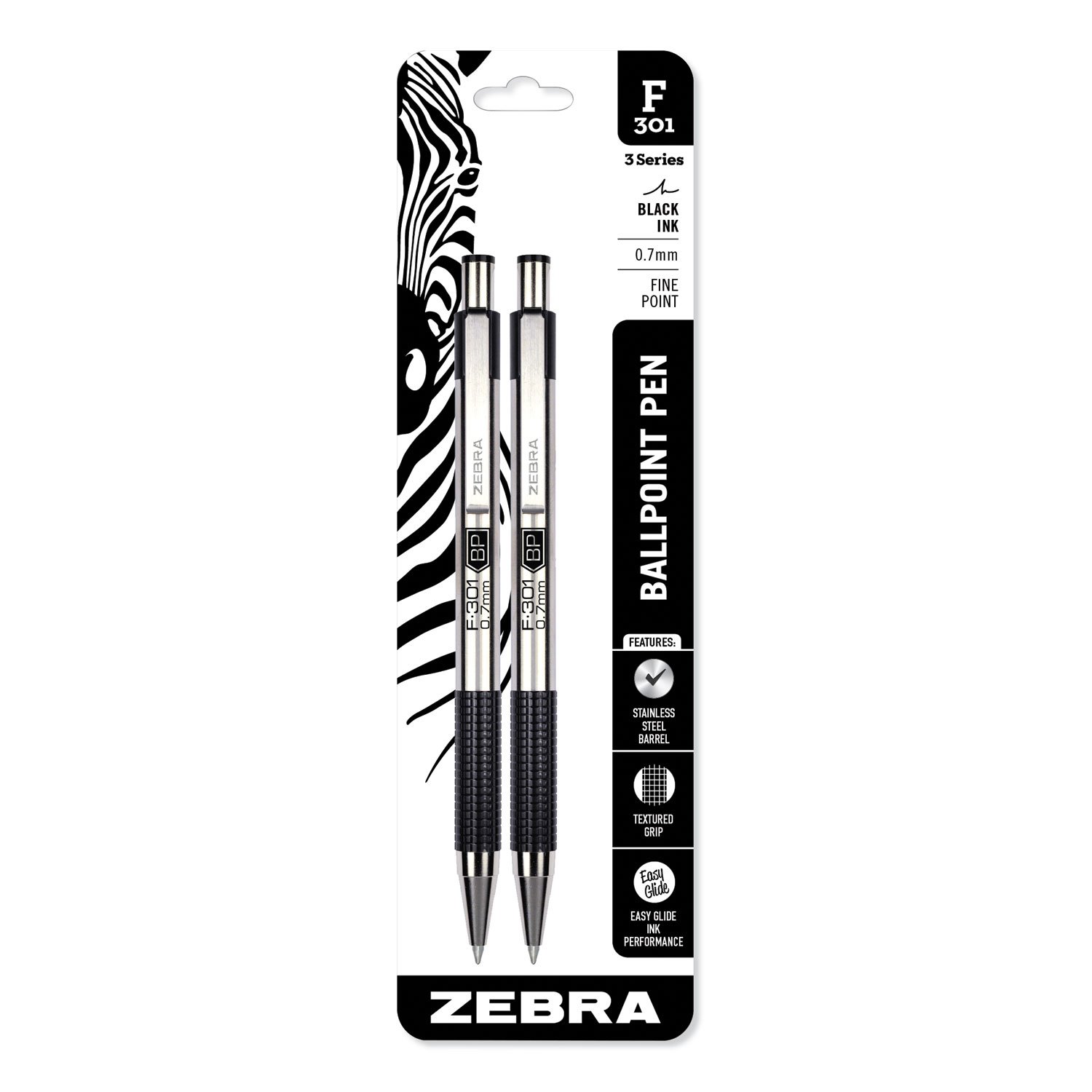 Zebra F-301 Stainless Steel Retractable Ballpoint Pen, Fine Point, 0.7 Mm, Black Ink