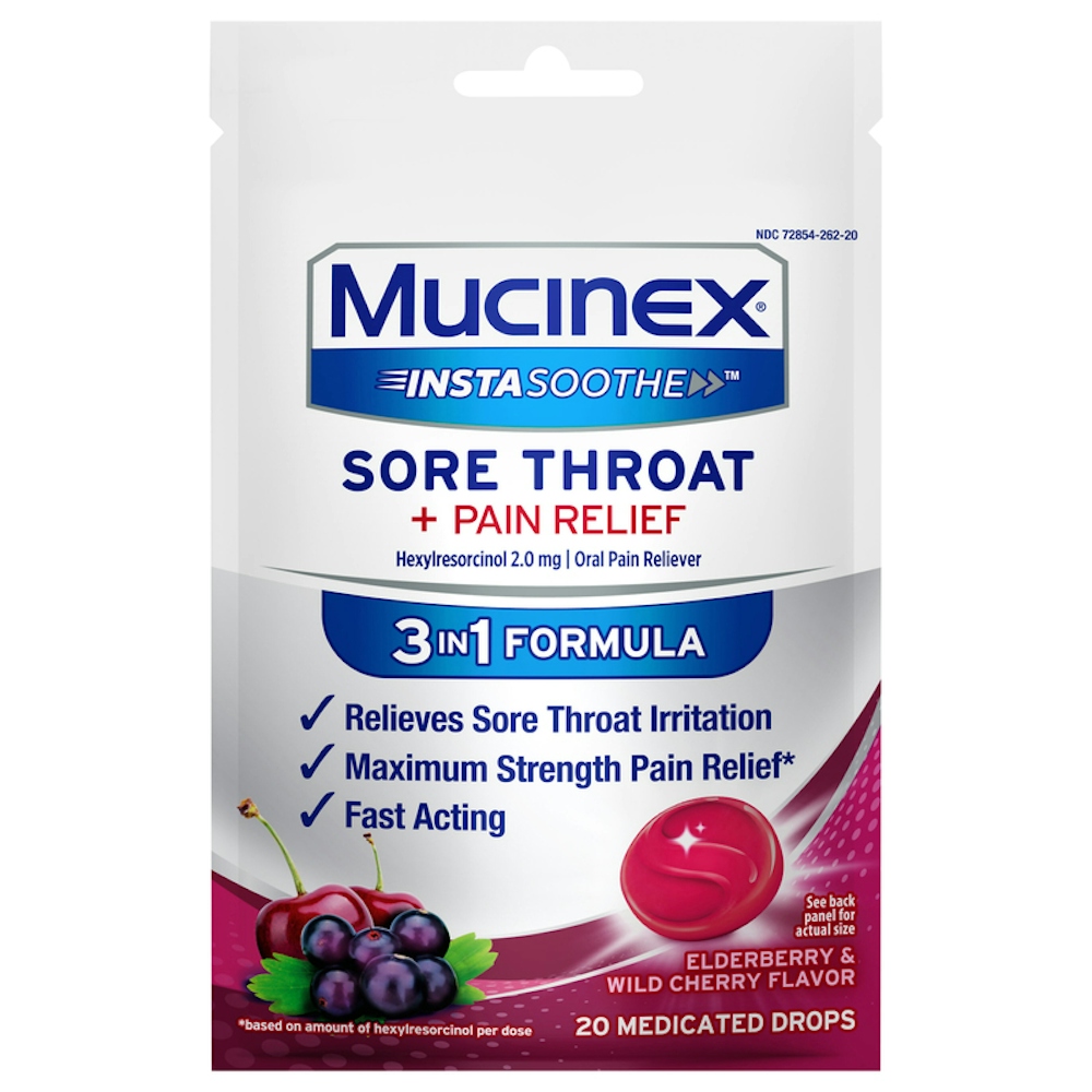 Mucinex InstaSoothe Sore Throat + Pain Relief, 3 In 1 Formula, Medicated Drops, Elderberry & Wild Cherry Flavor