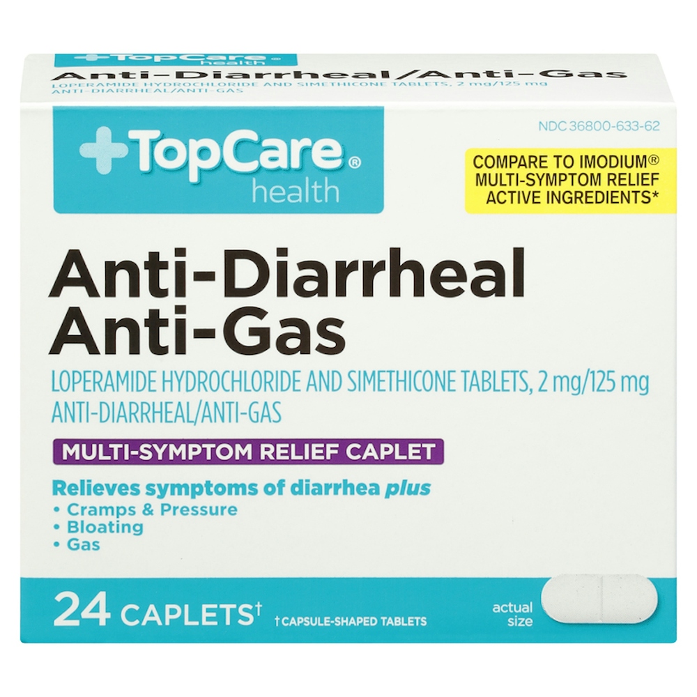 TopCare Anti‑Diarrheal / Anti‑Gas Multi‑Symptom Relief Caplets 2 mg / 125 mg 24 ct