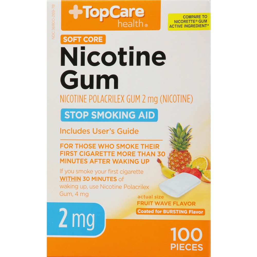 TopCare Nicotine Gum Fruit Flavor 2 mg, 100 ct